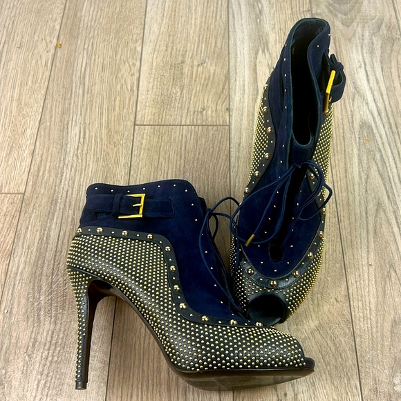 Alexander McQueen Shoes - Perfect Alexander McQueen Gold Studded Lace Up Peep Toe Bootie 39 8.5